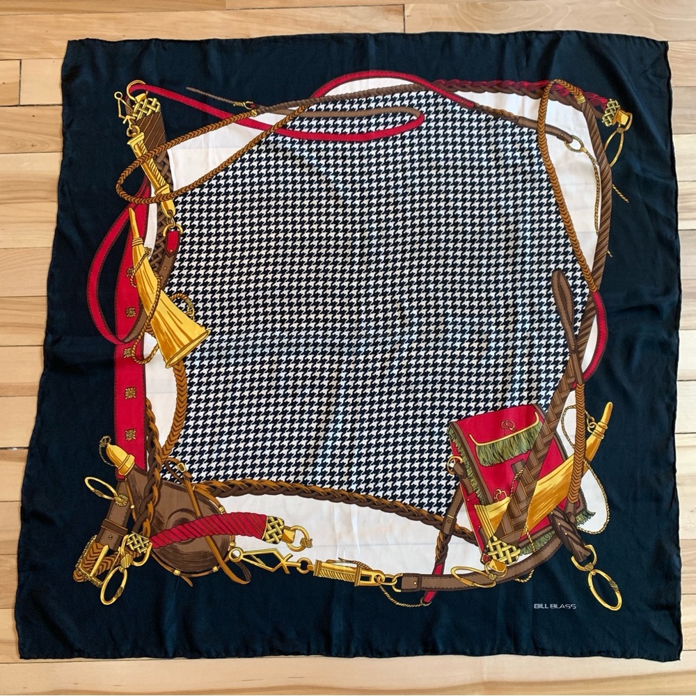 Vintage Bill Blass Silk Scarf Houndstooth Equestrian